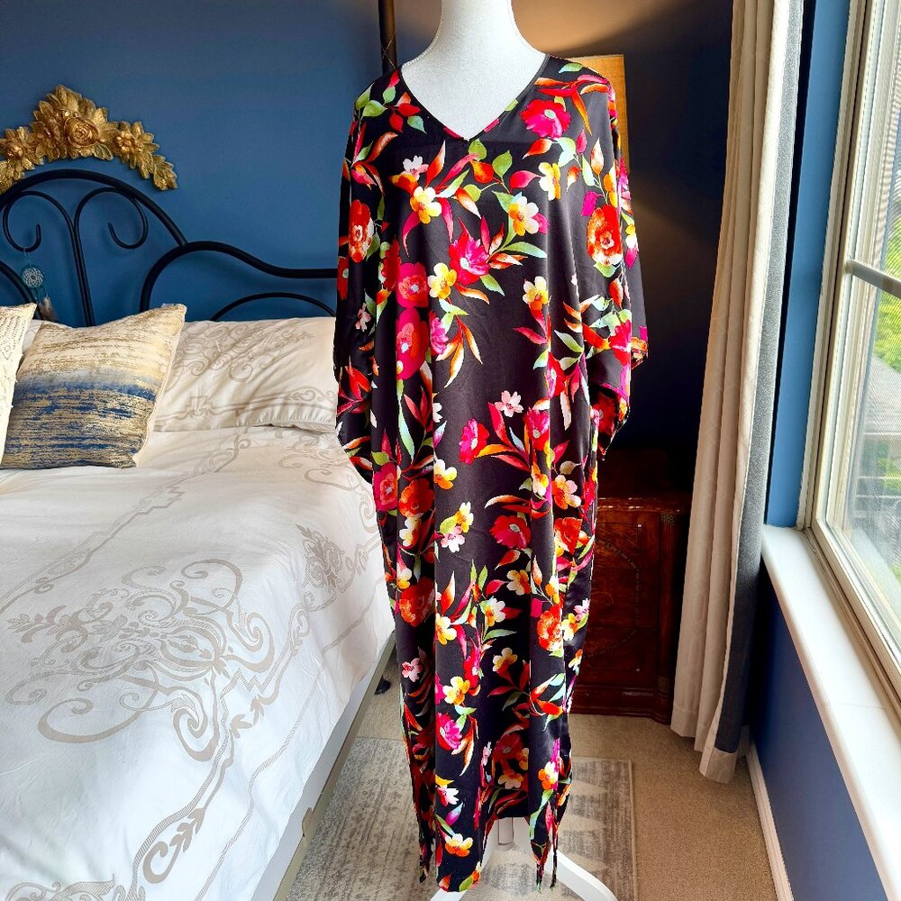 Natori Black Tropical Floral Satin Caftan Muumuu Dress